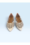 Women's Genuine Leather Laser Cut Pointed Toe Perforated Ballerina Shoes Gold - 4