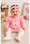 Baby Girl Ribbed Bandana with Bow and Heart Detail, 0-24 Months Baby Girl 3-Piece Set, 100% Cotton - 7
