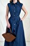 Blue tencel snap-detailed belted dress - 2