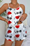 Love Patterned White Satin Shorts Nightdress Set - 3
