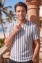 White Gray Striped Linen Summer Casual Short Notch Collar Relaxed Fit T-Shirt Shirt - 2
