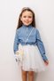 White Tulle Skirted Button Detailed Long Sleeve Girls Denim Dress - Catherine - 2