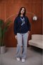 Women's Pearl Necklace Ribbon Printed Comfortable Fit Crew Neck Navy Blue Sweatshirt - 3