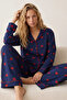 Navy Blue Red Heart Patterned Buttoned Ribbed Oversize Cotton Knitted Pajama Set 8071