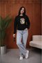Women's Graphic Printed Comfortable Fit Crew Neck Black Sweatshirt with Glasses - 4