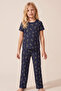 Navy Blue Floral Patterned Cotton Ribbed Camisole Knitted Pajama Set 26120402 - 4