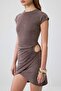 Kahverengi Düz Bodycon Bisiklet Yaka Reglan Kol Süper Mini Modal Örme Elbise TWOSS26EL01181 - 3
