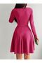 Women's Pink Double Breasted Collar Crepe Fabric Long Sleeve Flared Dress 4F-2199 - 4