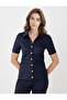 Navy Blue Short Sleeve Shirt Collar Slim Fit Knitted Blouse