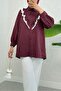 Button-Front, Lace-Front, Ruffled Striped Shirt - Burgundy - 2