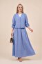 V-Neck Front with Buttons and Pleated Detail, Linen Set - Blue