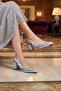 Estelle Silver Satin Stone Mesh Pointed Toe Thick Heeled Open Back Evening Dress Shoes