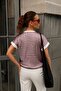 Women's Fuchsia Crew Neck Mesh Lined Two-Thread Short Sleeve Tshirt with Glitter Fabric Arm-26Y001088 - 2