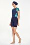 Short Sleeve Stretch Fabric Semi-Closed Swimsuit with Tights 3923 Dark Navy Blue - 4