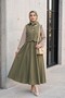 Elastic Waist Half Buttoned Zra Cupra Vest Dress Set -Khaki - 5