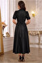 Nil Navy Flared Skirt Short Sleeve Midi Length Satin Evening Dress Black - 3