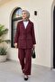 Linen Look Suit with Hooded Tunnel Bridge Jacket - Burgundy
