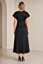 Black Satin Fabric Draped V-Neck a Line Cut Midi Dress 77167 - 3