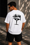 Unisex Stüssy Martini Printed Oversize 100% Cotton Wide Cut Textured Crew Neck T-Shirt Rf0536