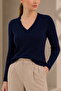 Women's Pure 100% Cotton Navy Blue V-Neck Hair Knit Sweater – Knitted Pattern - 3