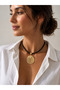 Brown Braided Leather Cord Textured Round Gold Necklace - 2