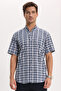 Men's regular fit classic cut 100% cotton short sleeve checkered linen effect navy blue shirt with pockets - 4