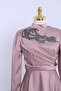 Evening Dress with Stone Collar and Draped Front - Pink - 3