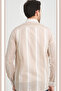 Men's Tan White Striped Pocketless Linen Effect Wide Cut Long Sleeve Shirt - 4