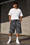 Men's Gray Camouflage Patterned Long Shorts 100% Cotton Elastic Waist with Pockets Streetwear