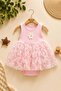 Daisy Patterned Tulle Dress with Ribbed Sleeves, Summer Style, Snap Buttons at the Bottom, Bodysuit for Girls