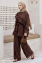 Ruffled Shawl Collar Brown Set - 4