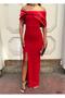 Stretchy Shiny Satin Collar Pleated Bow Detail Slit Evening Dress 583363 RED - 2