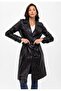 Black Cassie Slit Lined Belted Trench Coat Women's Genuine Leather Coat