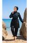 Black and Blue Patterned, Adjustable Waist, Elastic, Fully Covered Hijab, Islamic Swimsuit, Beachwear with Bonnet as a Gift - 2