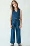 Girl's Vest Suit with Pants, Buttoned, Elastic Waist, 7-12 Years Old, Indigo - 3