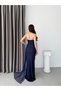 Navy Blue Strapless Draped Long Evening Dress with Lace Gloves - 6