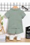 Baby Kids Cotton Waffle V-Neck Summer 2-Piece T-Shirt and Shorts Set - Green - 2