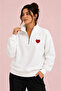 Half Zipper Stand Collar Heart Printed White Women's Sweatshirt - 2