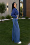 Belt Detail Striped Patterned Crop Shirt Navy Blue - 3