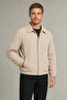 Men's Beige Gabardine Fabric Zip-Up Oversized Transitional Jacket with Elastic Waist