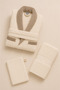 Eldy Contrast Striped Bathrobe Set, 3 Pieces, 100% Cotton Certified Şalyaka Bathrobe Set - Cream Color - 2