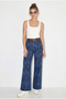 Women's Navy Blue Belted Lycra Shawl Patterned High Waist Wide Leg Trousers 7671 60286220 - 2