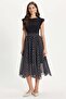 Women's regular fit classic cut crew neck polka dot sleeveless zippered lycra black dress