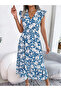 Blue Floral Print Ruffle Sleeve A-Line Midi Dress
