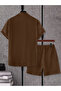 Men Brown Jacquard Detail Short Sleeve Button Front Shirt and Shorts Co-Ords - 2