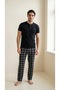 Black Patched Cotton Lycra Men's Short Sleeve Pajama Set - 4