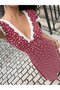 Women's Short Sleeve Deep V-Neck Lace Detailed Patterned Long Single Jersey Dress - 4