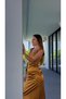 Gold Color Long Elara Satin Dress with Back Detail - 7