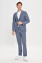 Men's Navy Blue Slim Fit Mono Collar Patterned Suit with Tie at the Waist - 2