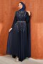 Navy Blue Shoulder Cape and Stone Embellished Evening Dress - 3